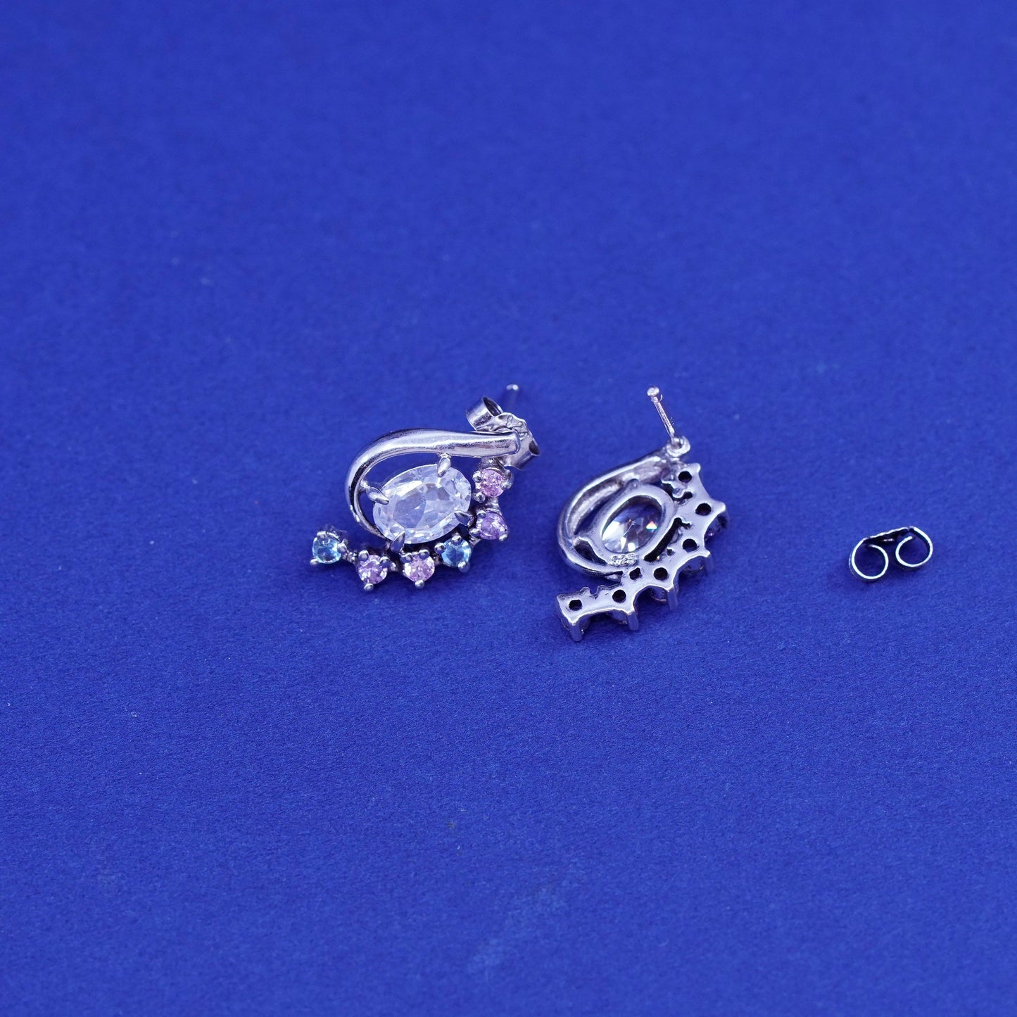 Vintage sterling silver handmade earrings, 925 studs with CZ inlay