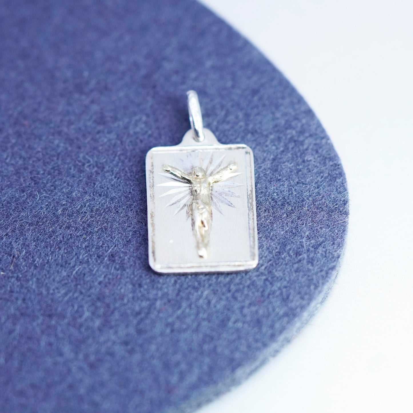 Vintage Sterling 925 silver handmade tag charm pendant with goldstone Jesus
