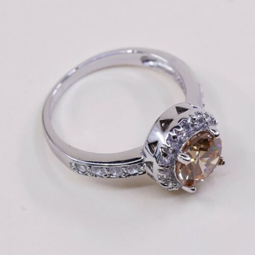 Sz 7.25, Vtg Sterling Silver Ring, 925 Silver Engagement Ring W/ Orange Crystal