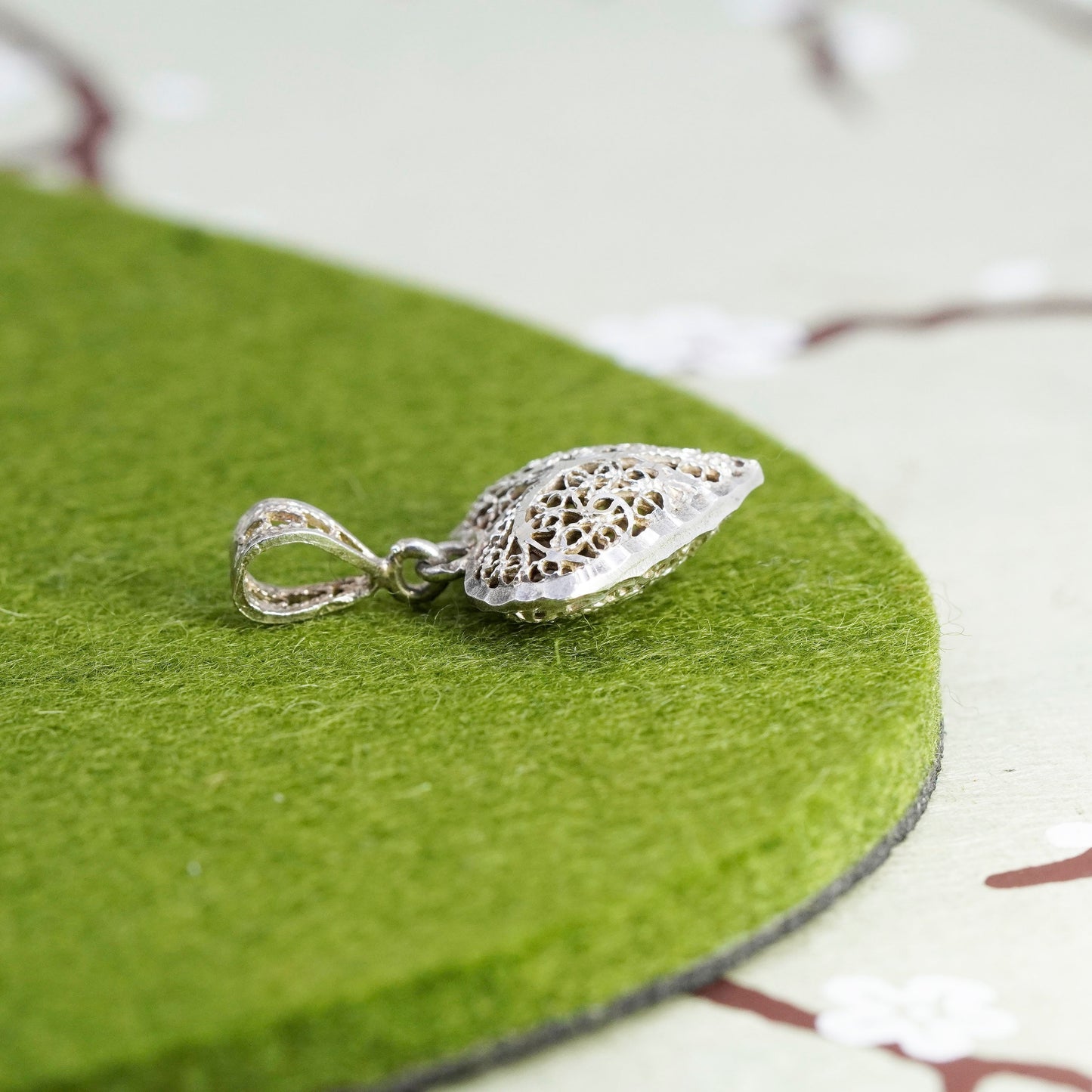 Vintage sterling silver handmade filigree pendant, 925 puffy heart charm