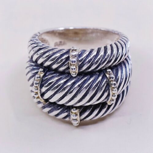 Sz 7.25, Vtg Sterling Silver Handmade Ring 925 Silver Cable Band N Beads Details