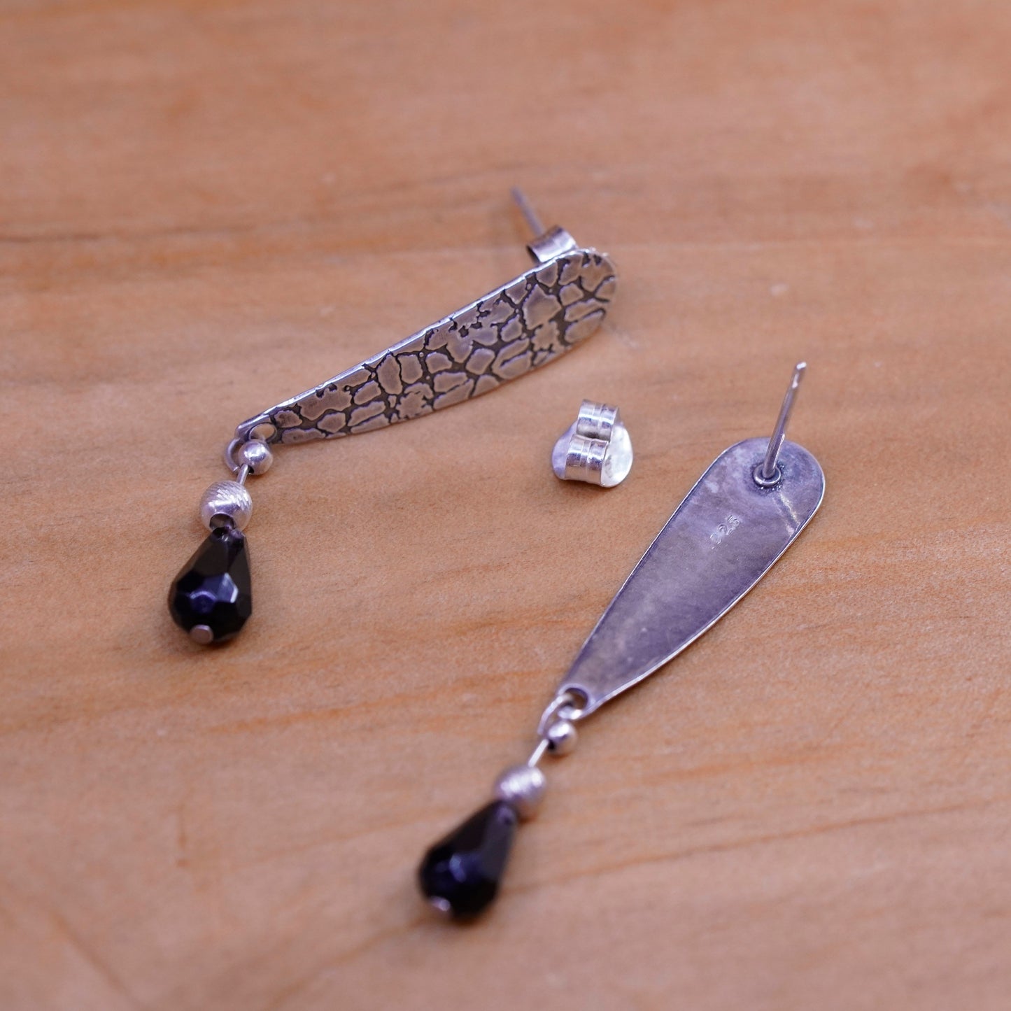 Vintage Sterling silver handmade earrings, textured 925 teardrop with obsidian