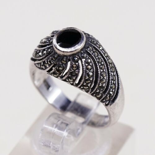 Sz 6, Vtg Sterling Silver Handmade Ring, 925 Silver Band W Obsidian N marcasite