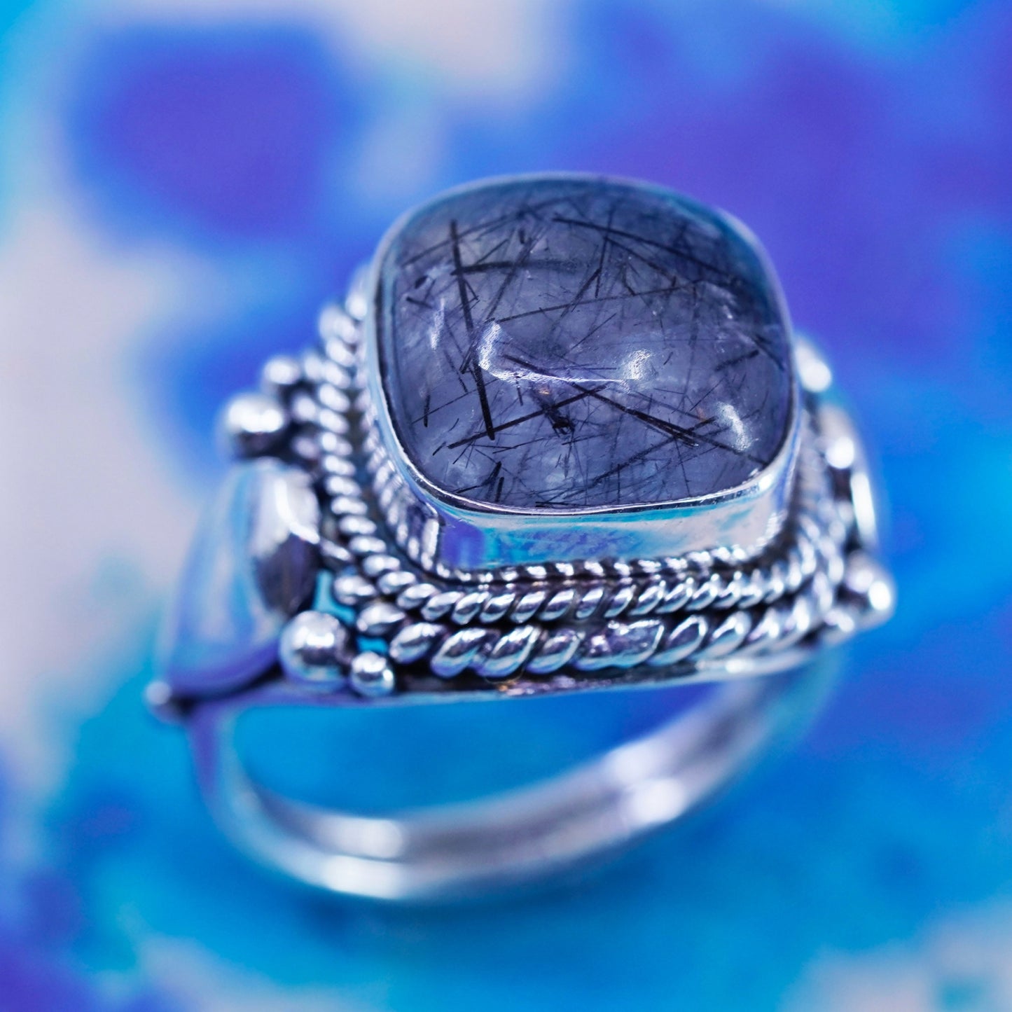 Size 6, Vintage Sterling 925 silver ring with Tourmalinated Quartz and beads