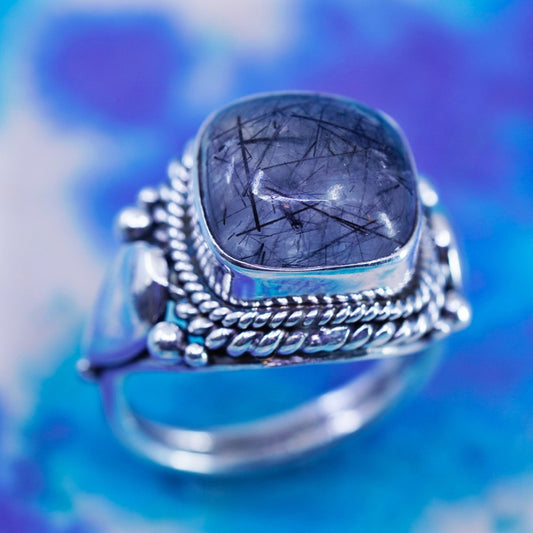 Size 6, Vintage Sterling 925 silver ring with Tourmalinated Quartz and beads
