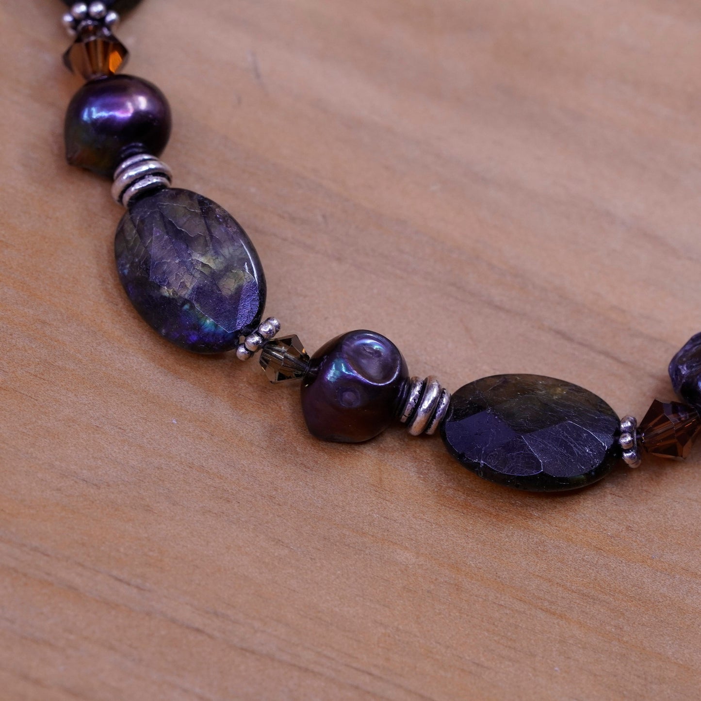 7.5”, vtg Sterling 925 silver handmade bracelet, labradorite pearl beads chain