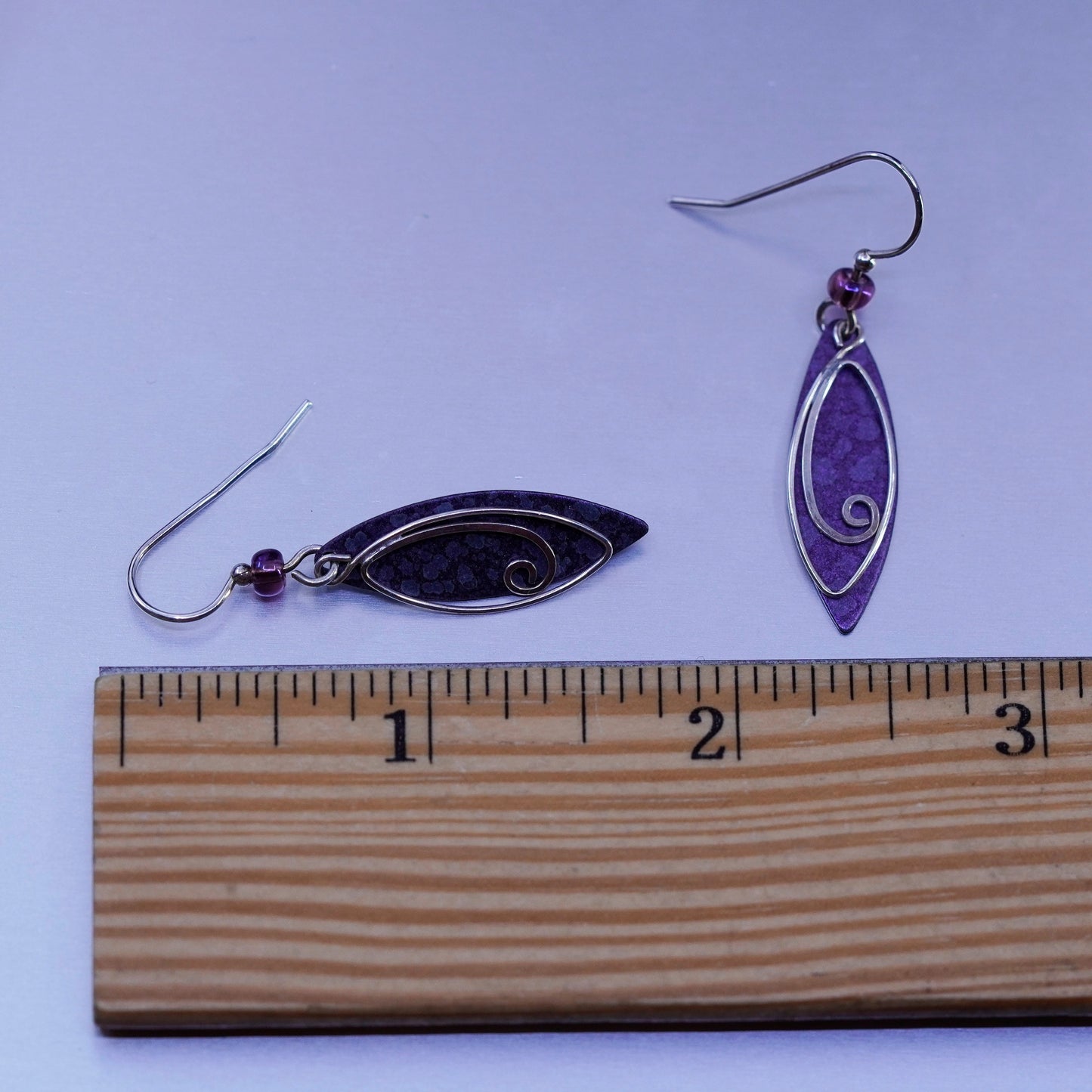 Vintage Sterling 925 silver handmade swirly earrings with purple stone
