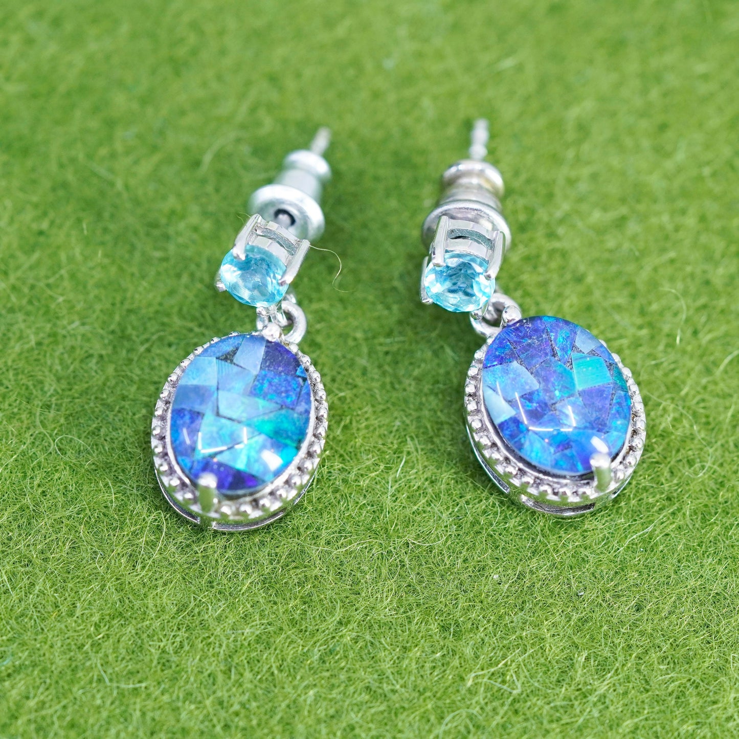 Vintage Sterling silver handmade earrings, oval dangles with opal and topaz