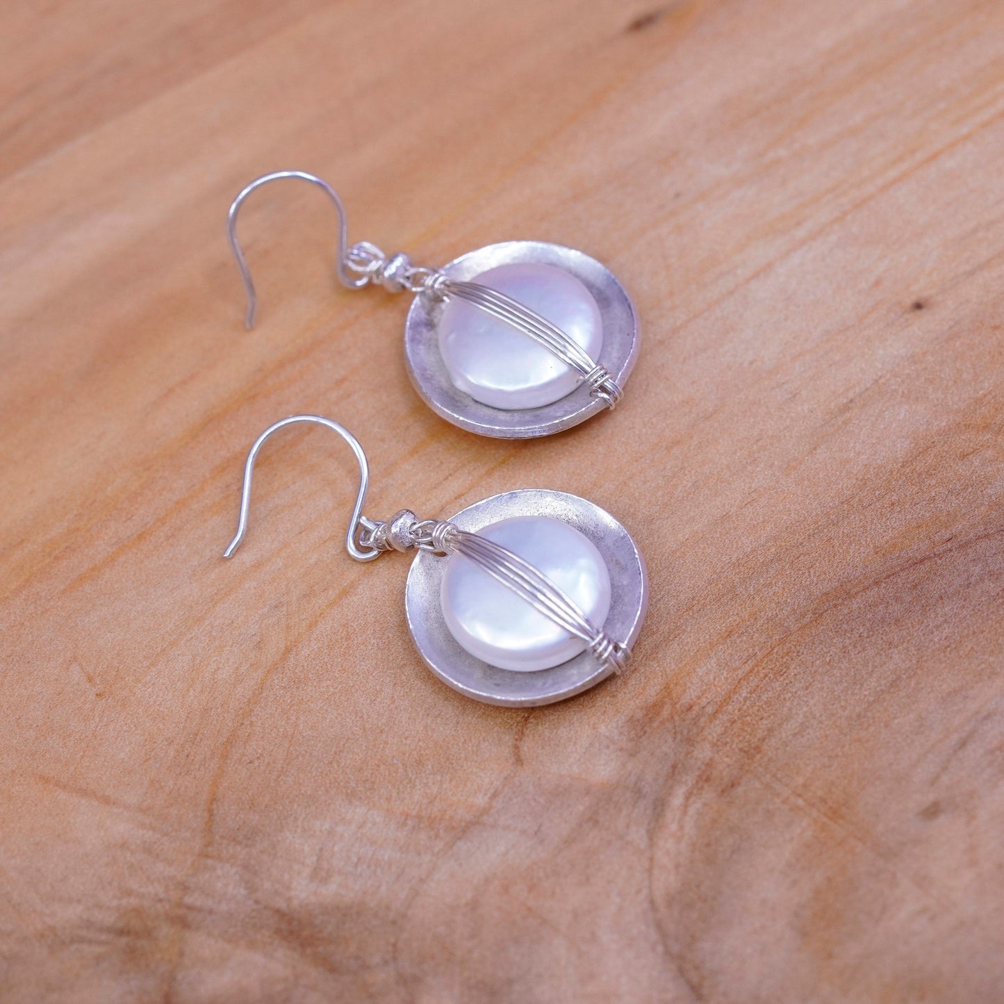 Retired Sterling 925 Silver 925 disc handmade Coin Pearl Earrings