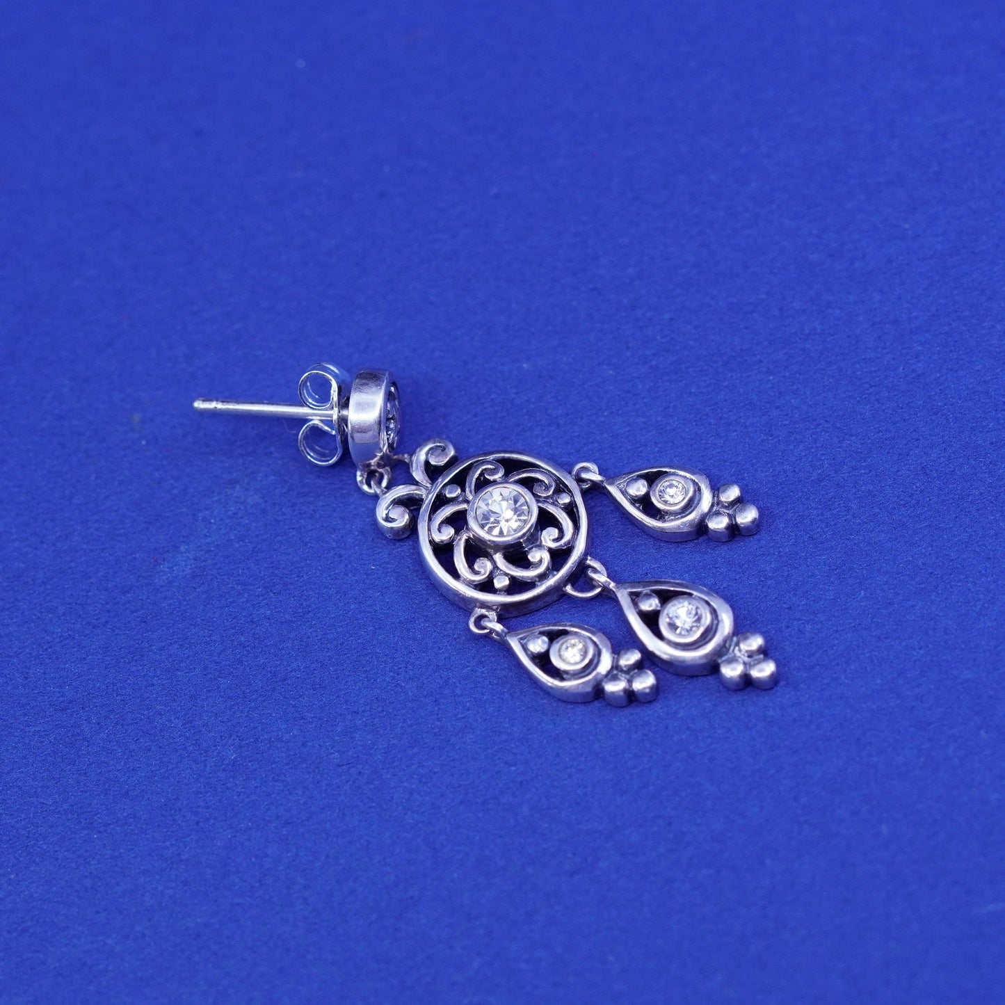 Vintage CNA sterling silver earrings, 925 filigree Bali teardrop drop with Cz