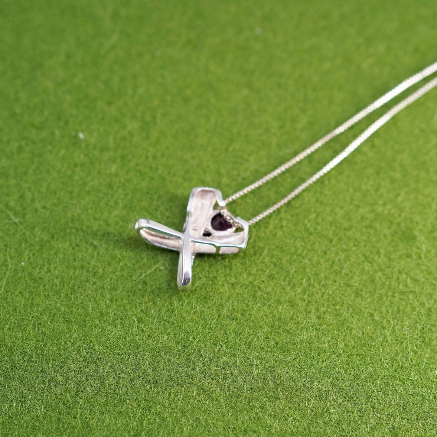 19”, sterling silver handmade necklace, 925 box chain with ruby cross pendant