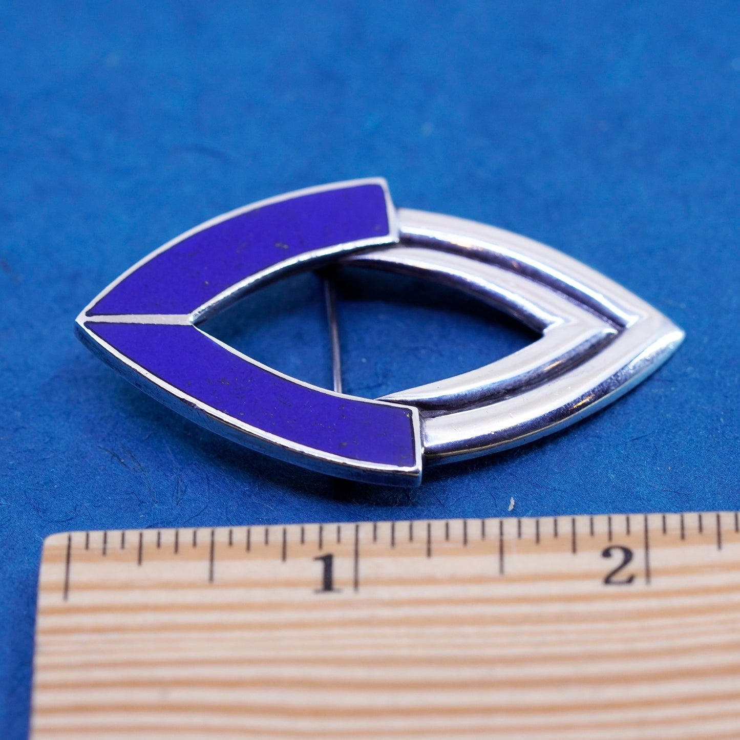 Vintage modern Sterling 925 silver handmade brooch with lapis lazuli inlay