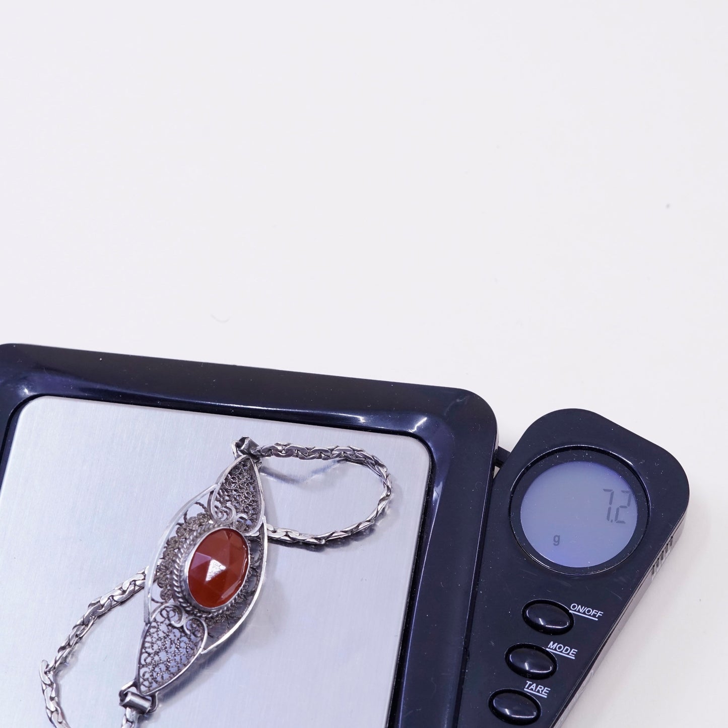 7”, Vintage Sterling silver handmade bracelet, 925 filigree with carnelian