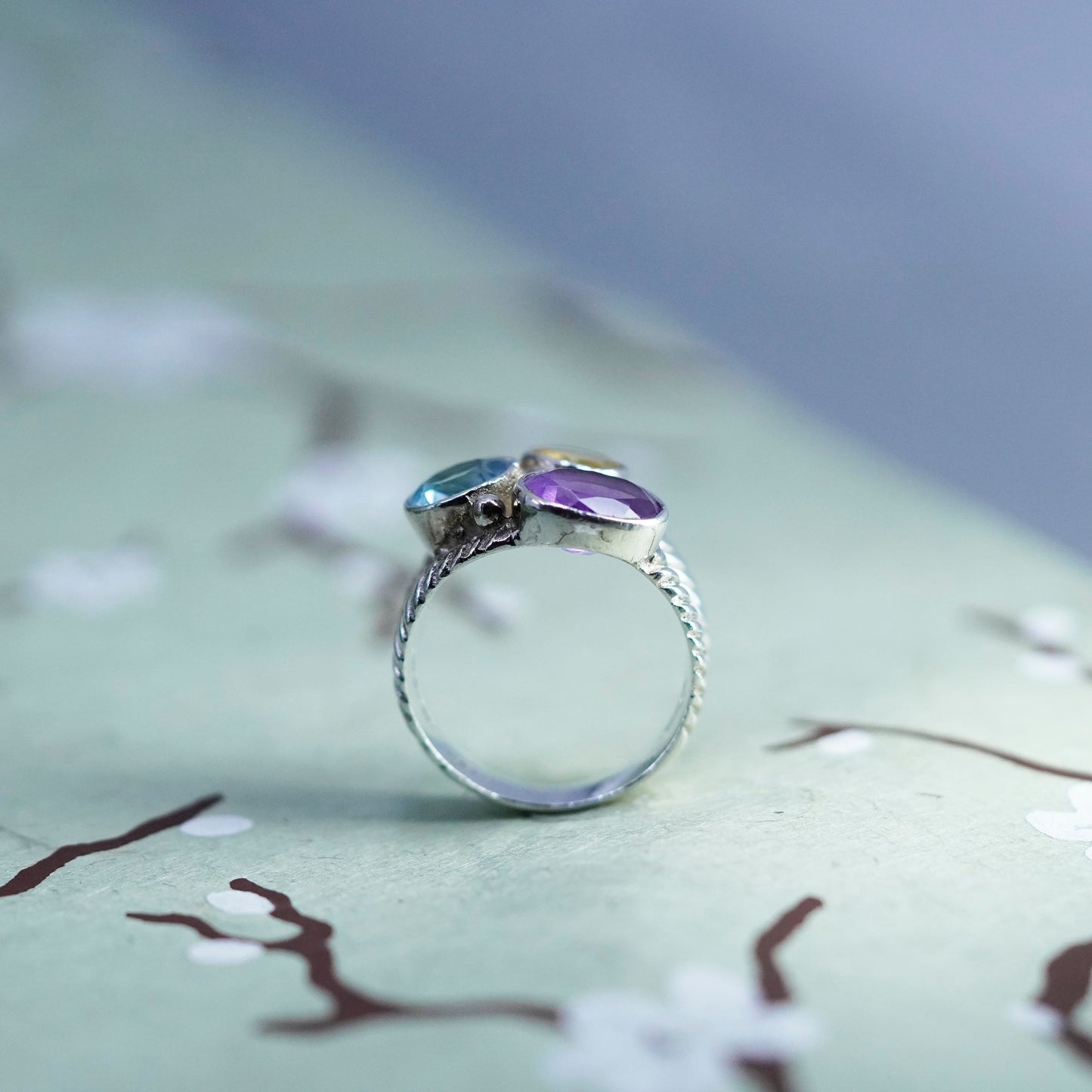 Size 6, vintage sterling 926 silver handmade ring with topaz citrine amethyst