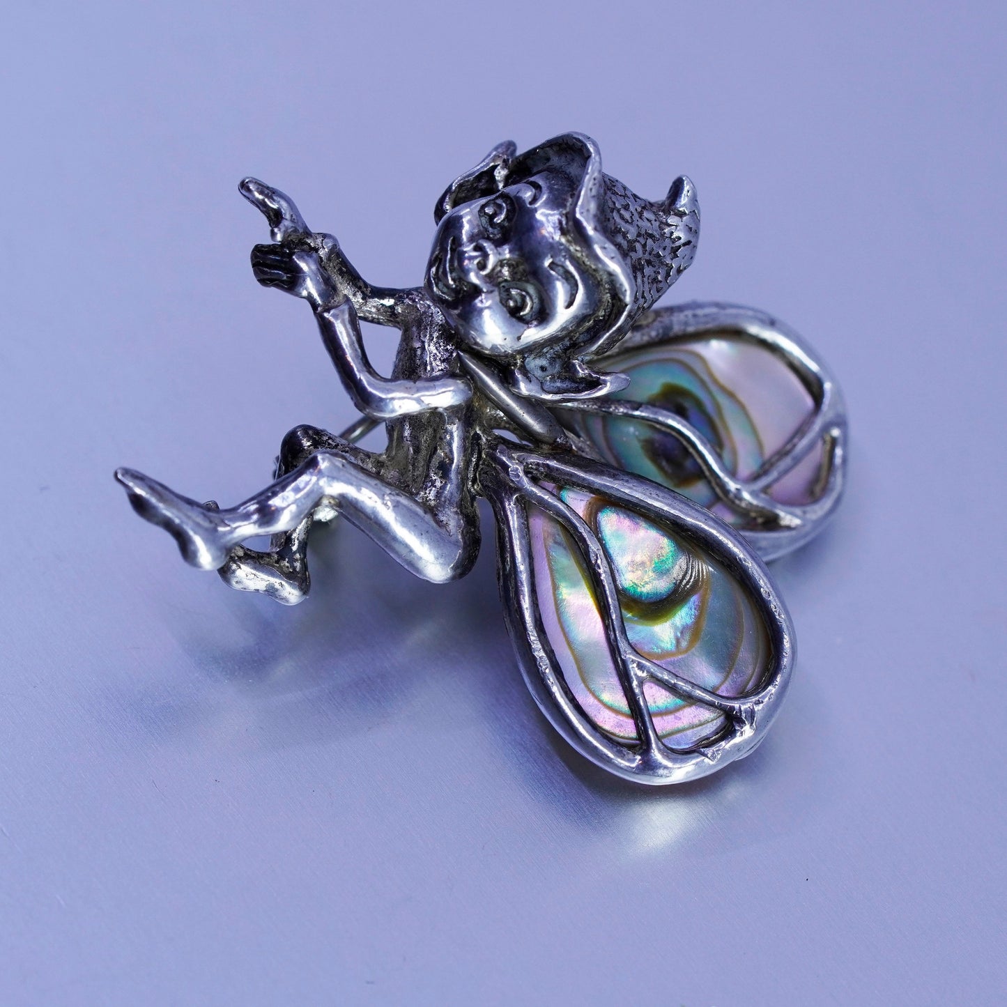 Vintage Sterling 925 silver handmade fairy brooch, pin with abalone