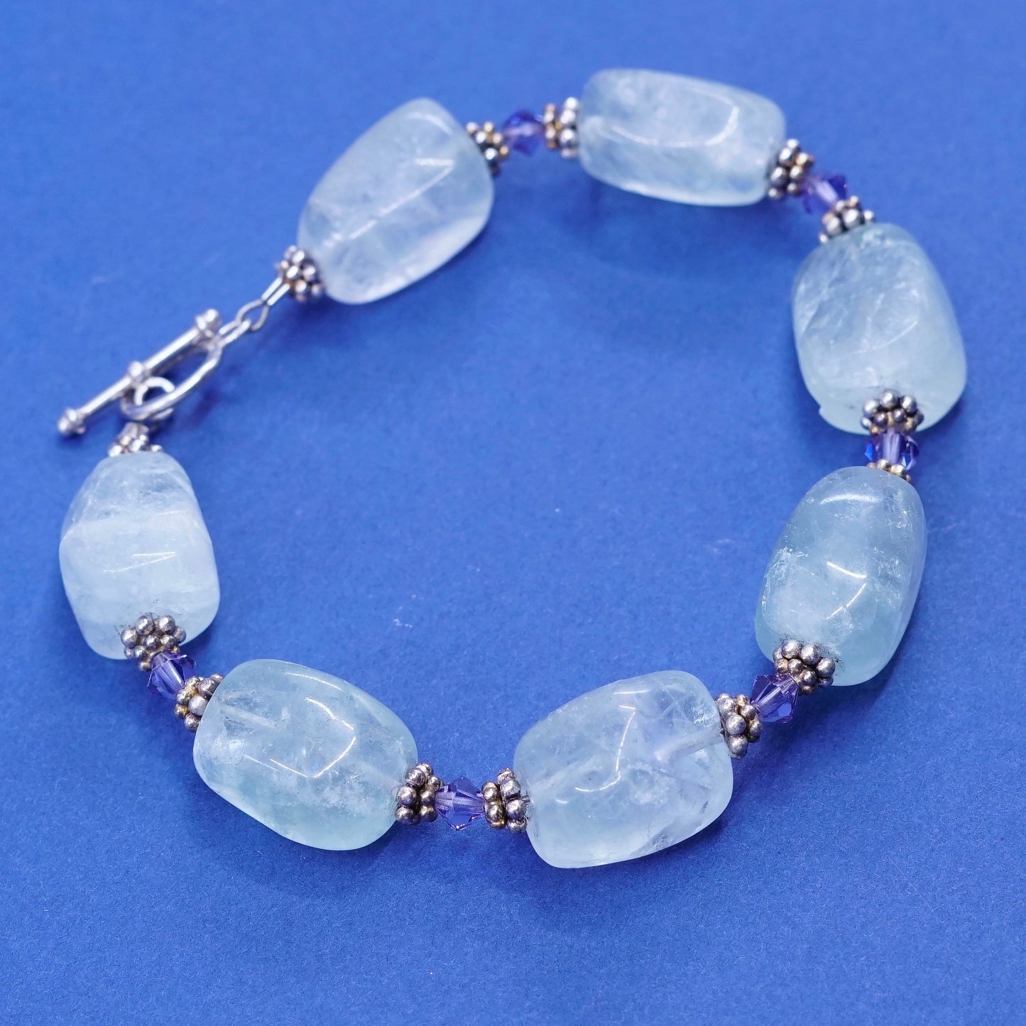6.5”, Sterling silver bracelet, 925 bead charm with nugget prehnite grape stone