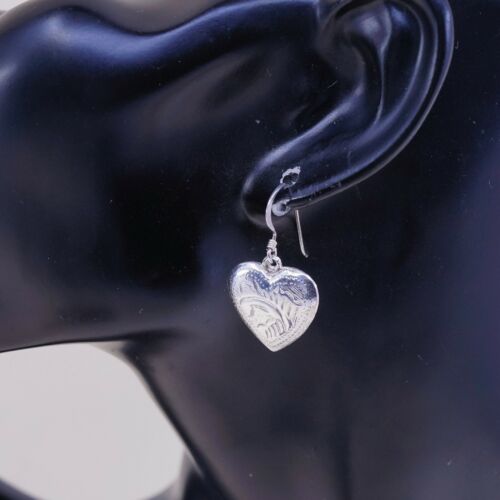 Vtg Handmade 925 Sterling Silver Puffy Textured Heart Earrings, Stamped 925 OW