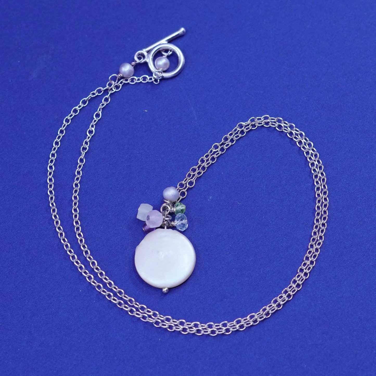 17”, vintage Sterling silver necklace, 925 circle chain with coin pearl pendant