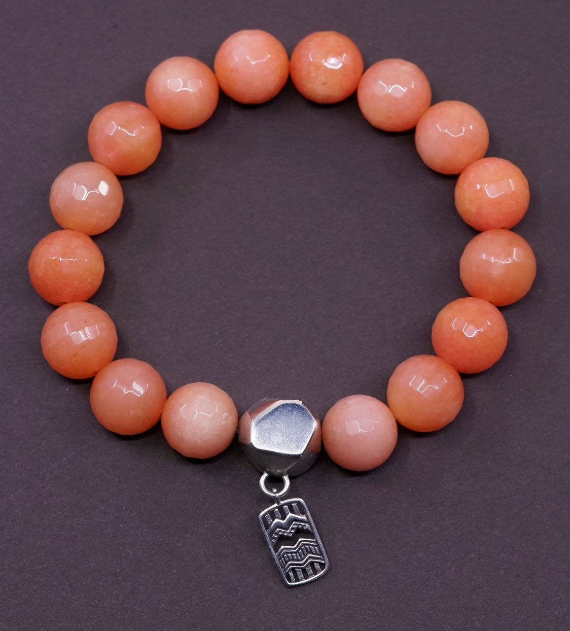 7”, handmade bracelet, elastic band w/ quartz beads sterling 925 silver charm,