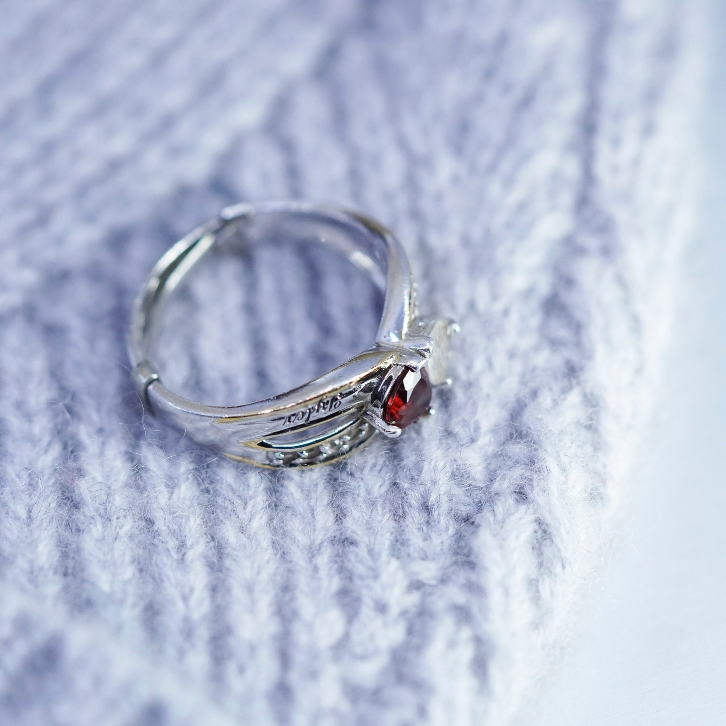 Size 8, Sterling 925 silver ring with ruby rose quartz engraved “Kayla Tyler”
