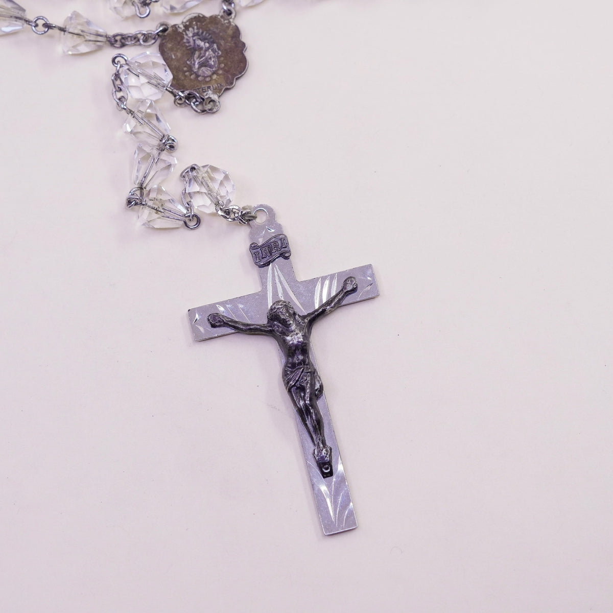 30”, sterling 925 silver rosary necklace with cross pendant and crystal beads
