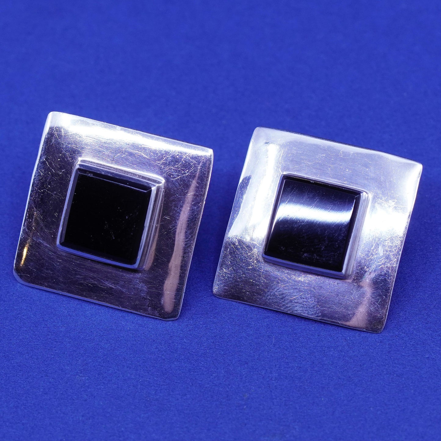 vtg sterling 925 silver handmade earrings, Thailand 925 square studs w/ onyx