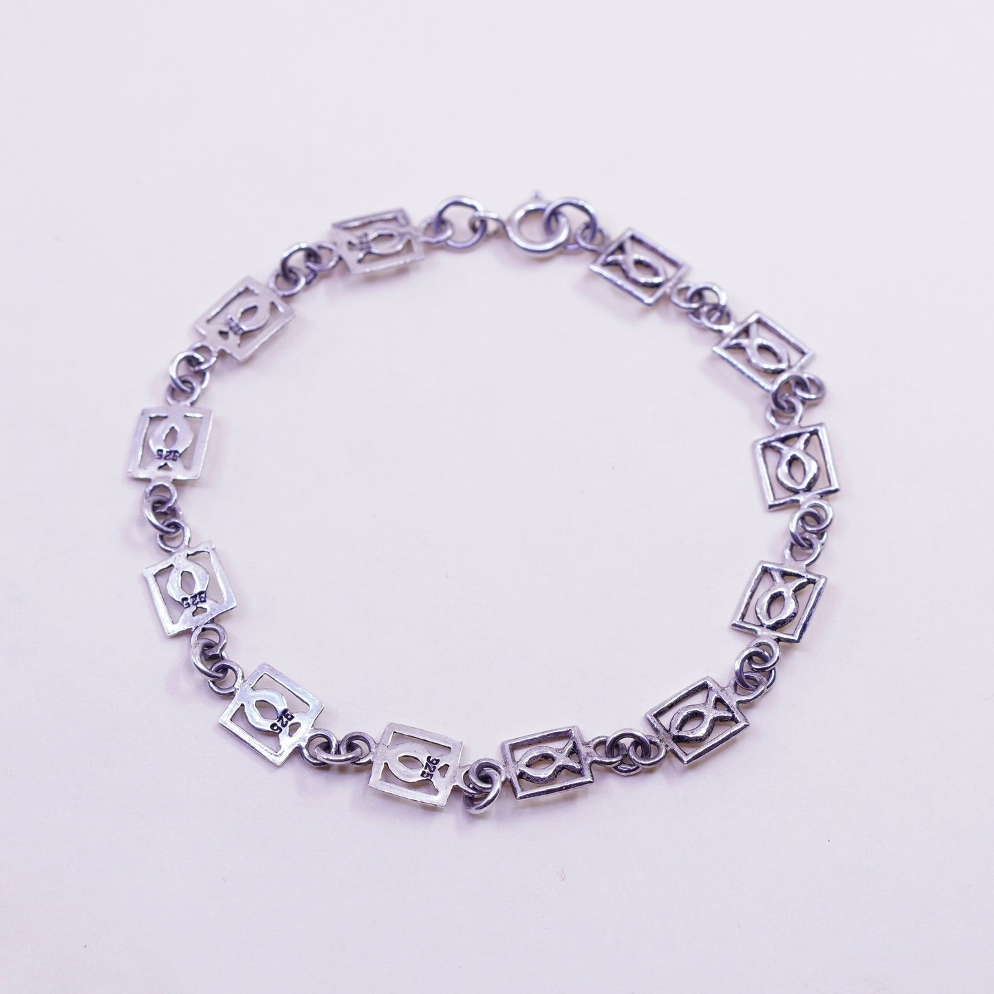 7.5”, Vintage sterling silver handmade bracelet, 925 silver fish link chain