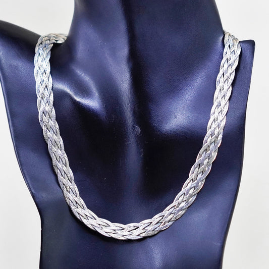 18”, triple tone sterling silver necklace, 925 woven braided herringbone chain