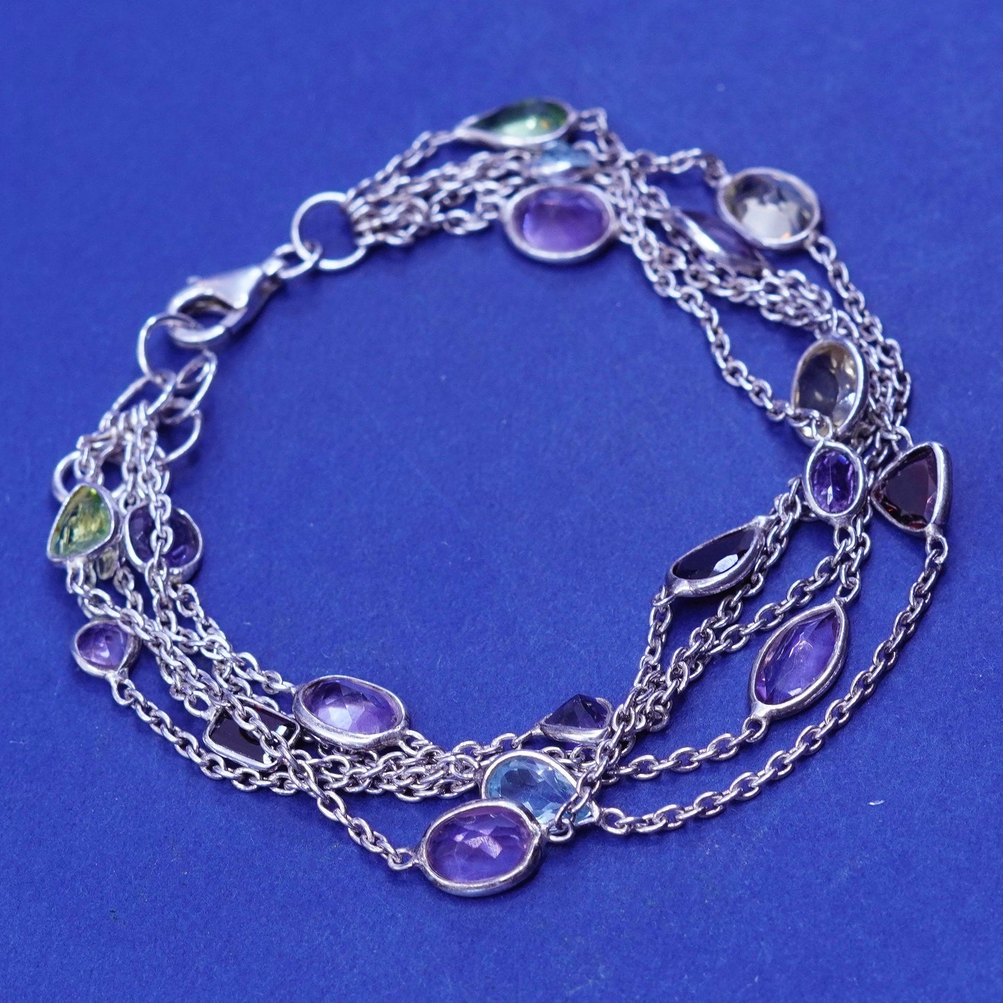 7+1”, vtg Sterling silver bracelet, multi strands 925 circle chain gemstones