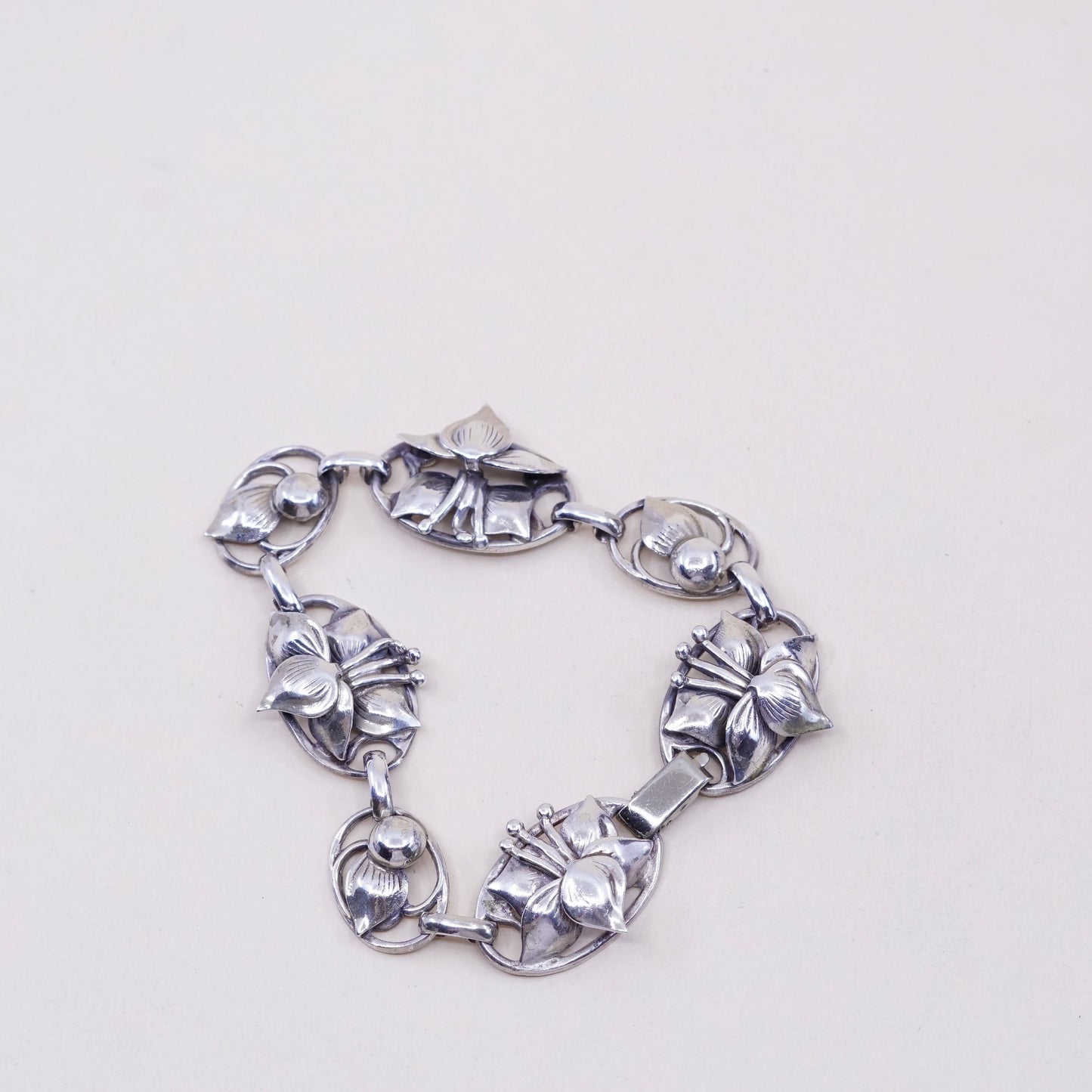 7”, Vintage Lang sterling silver bracelet, fine 925 flowers bracelet, jewelry