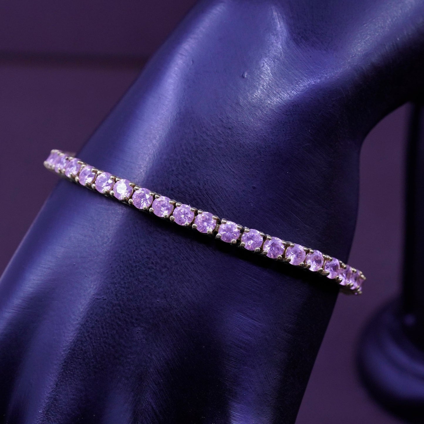6.75”, vermeil gold Sterling 925 silver tennis bracelet, chain pink crystal