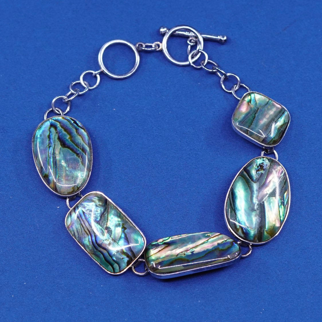 6.75”+1", vtg sterling silver handmade bracelet, 925 w/ abalone links N toggle