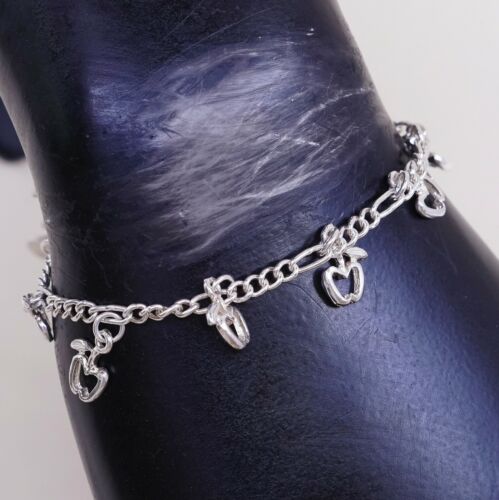 7.75”, 2mm, Vtg Sterling Silver Bracelet 925 Figaro Chain W/ Apple Heart Charm