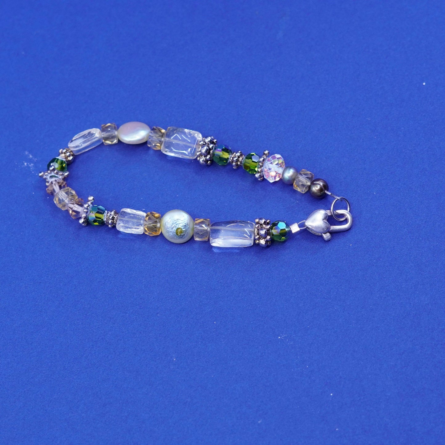 7”, sterling 925 silver handmade bracelet, genuine pearl w/ pink crystal beads