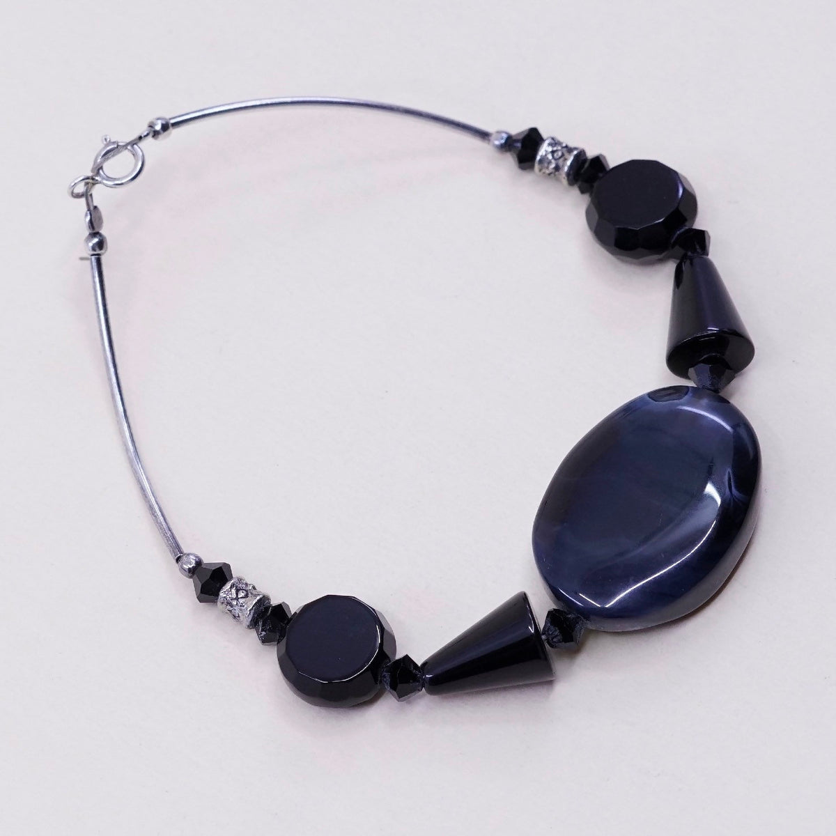 6.5”, sterling silver handmade bracelet, 925 bard with obsidian beads