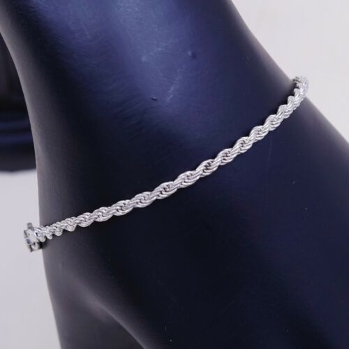 7”, 2mm, Vtg Sterling Silver bracelet, 925 Italy Diamond Rope chain