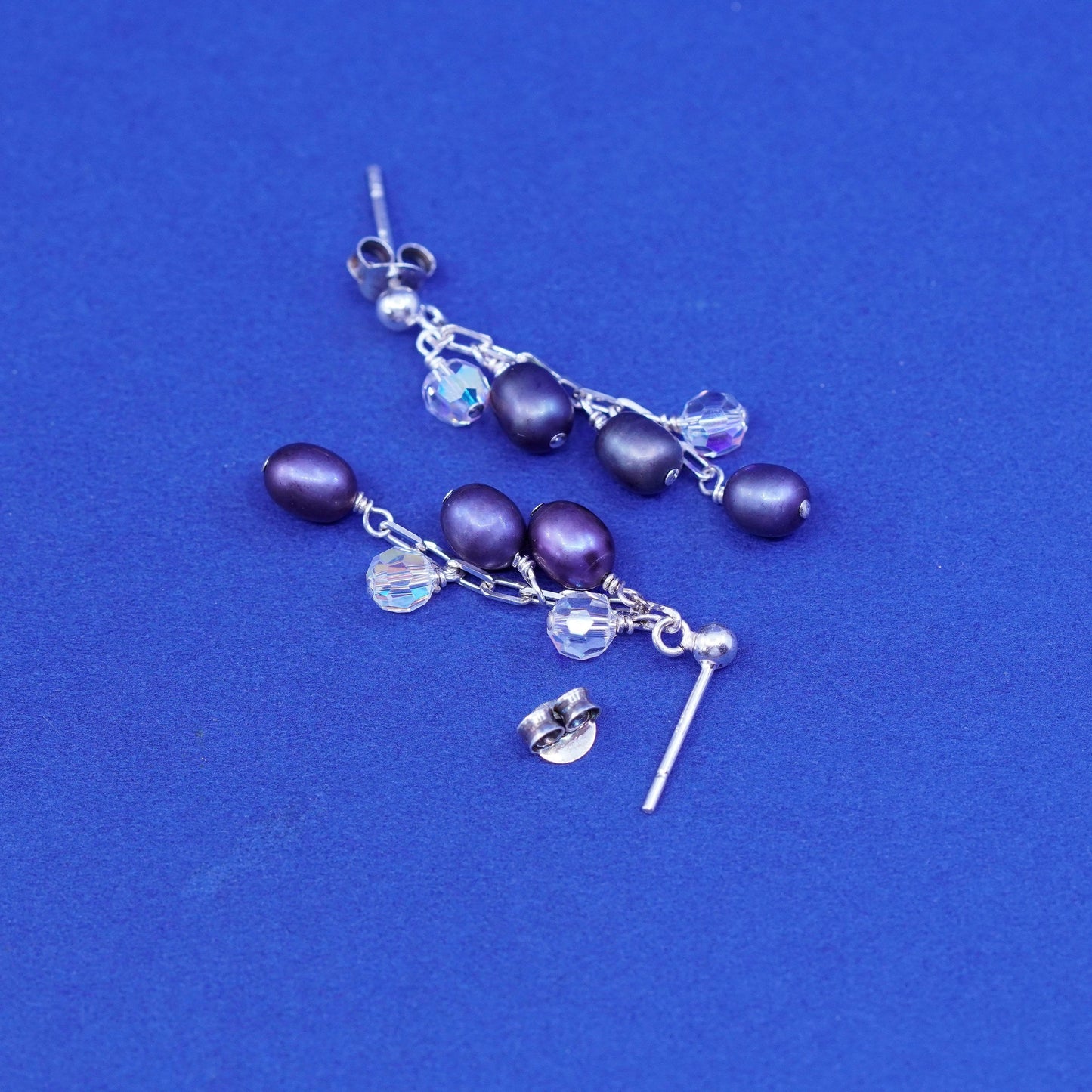 Vintage Sterling silver earrings, 925 hooks with cluster black pearl crystal