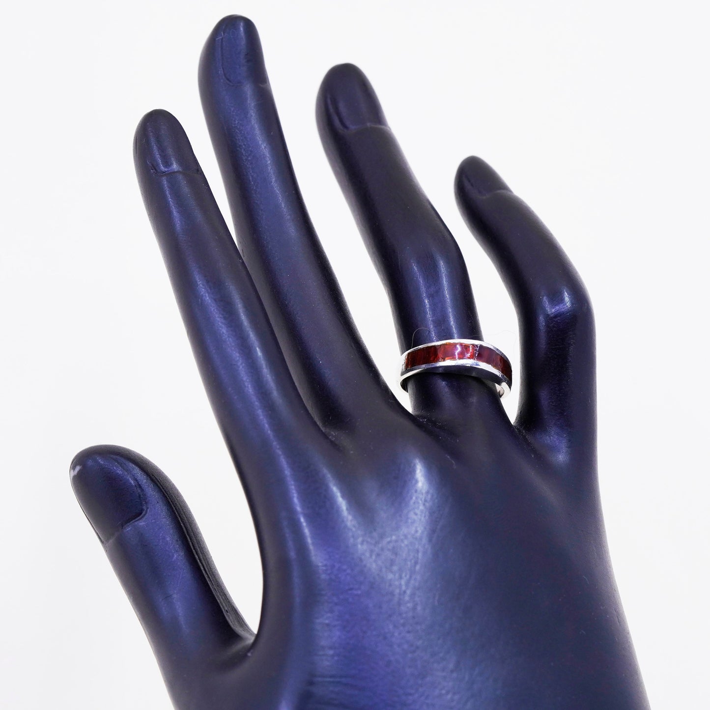 Size 6.25, Vintage sterling 925 silver handmade band ring with enamel inlay