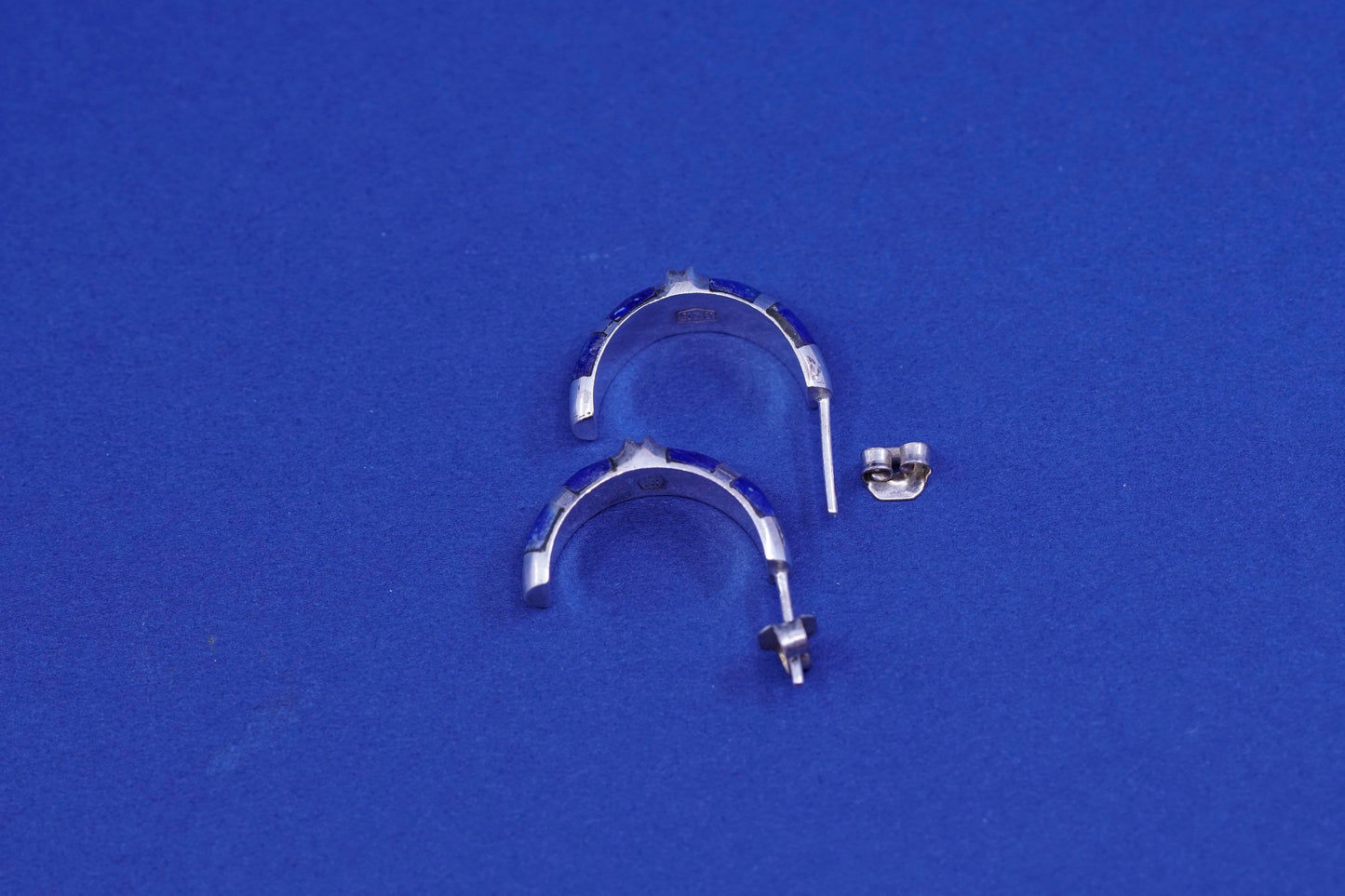 Vintage Sterling silver earrings, 925 hoops, huggie with sodalite