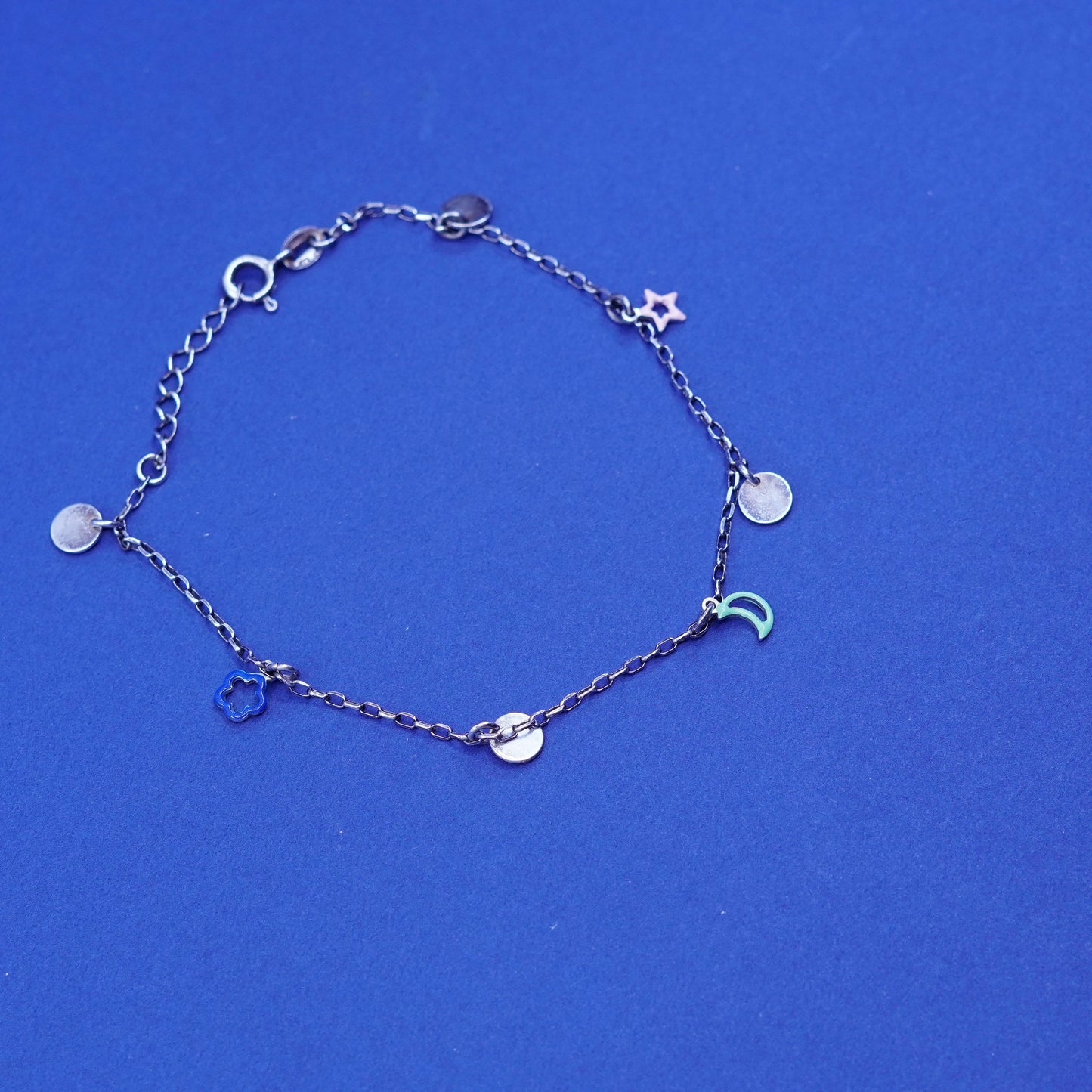 9+1”, Sterling silver bracelet, 925 elongated anklet w/ flower moon star charms