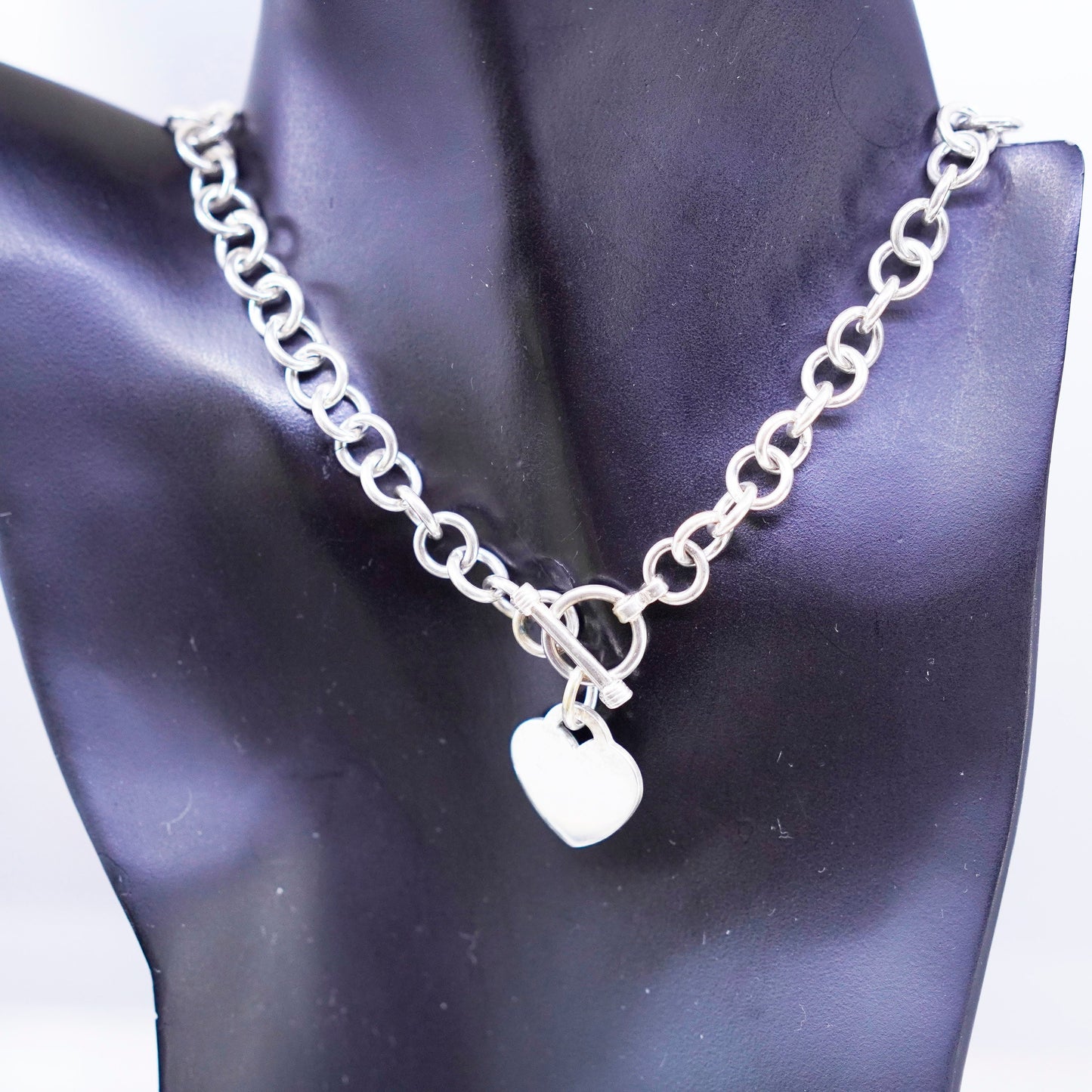 20”, vintage Sterling 925 silver handmade circle necklace with heart pendant