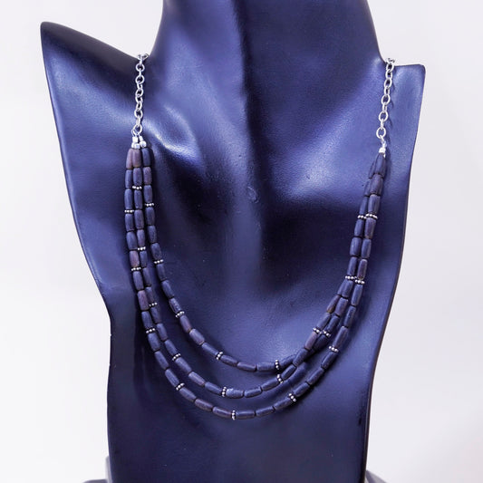 18”, Sterling silver necklace, 925 textured circle chain with oval wooden beads