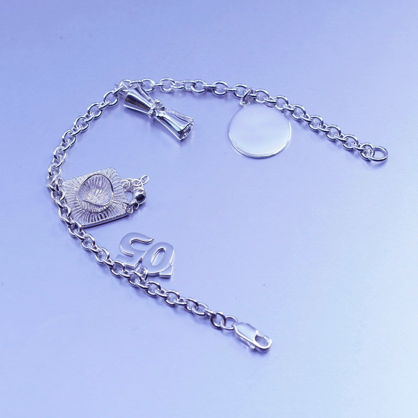 7”, Sterling silver handmade bracelet, 925 bold circle chain graduation diploma