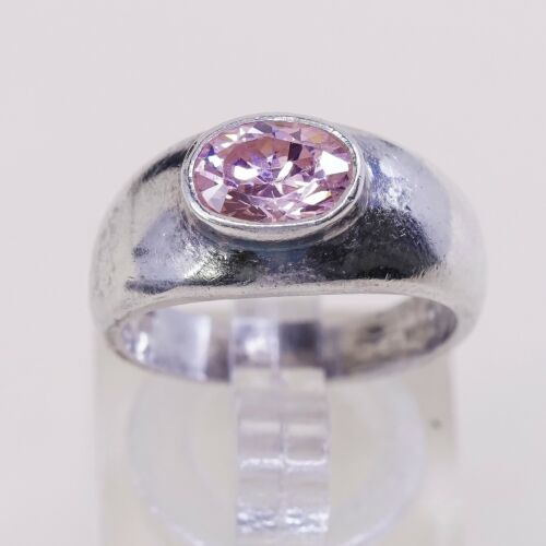 Sz 6.75, Sterling Silver Ring, 925 Silver Engagement Ring W/ pink Crystal