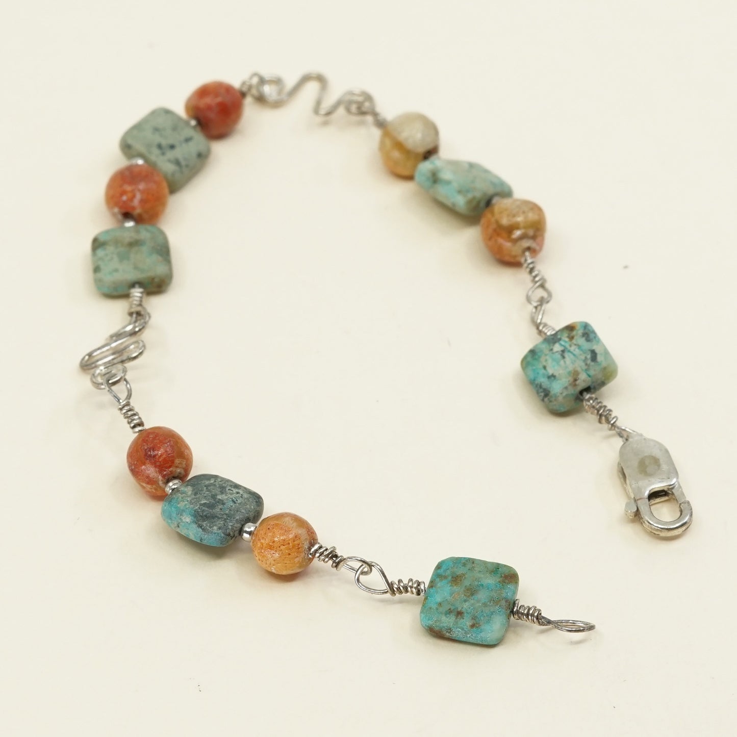 7.25", VTG Sterling silver handmade bracelet, Mexico 925 w/ turquoise N coral