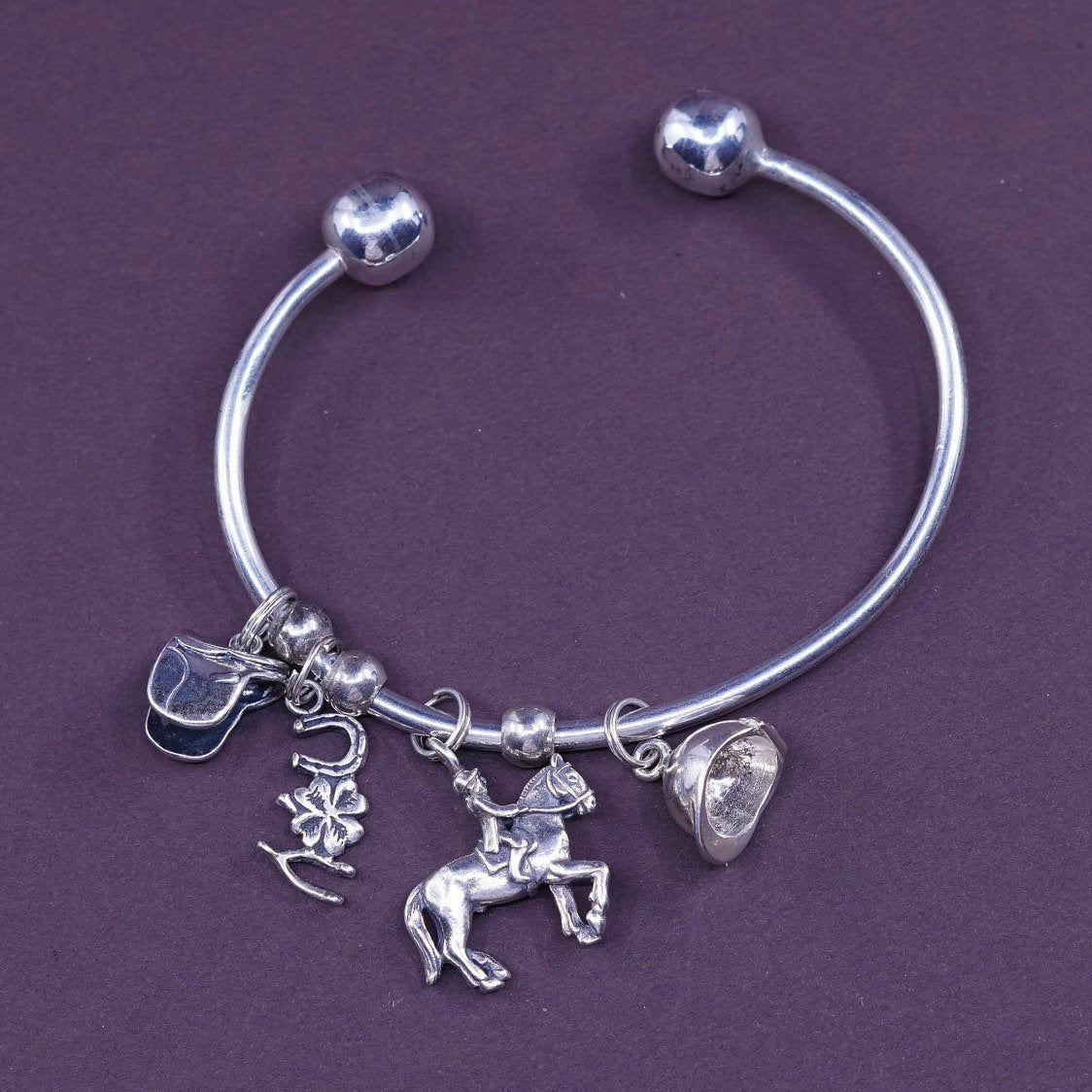 7", sterling silver handmade bracelet, 925 4 charms lover horse riding racing