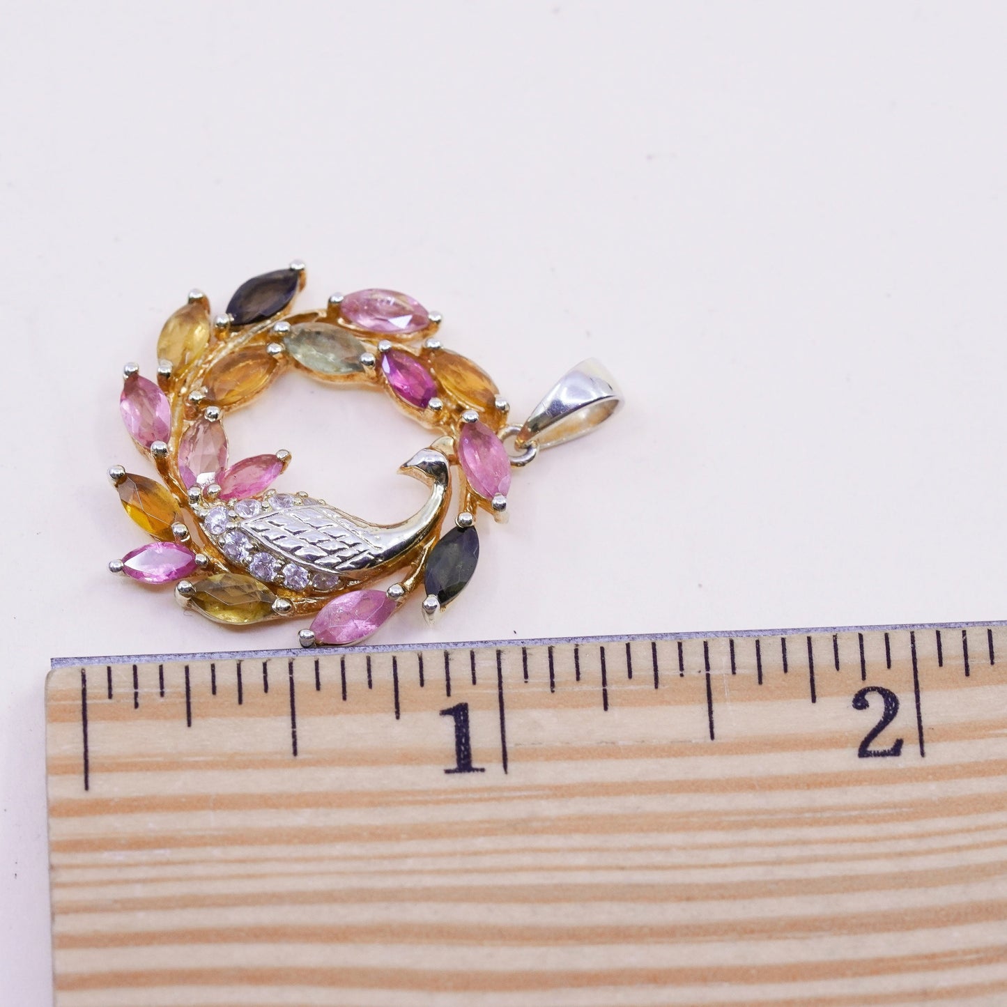 vintage Stauer vermeil Gold over Sterling 925 silver pendant peacock bird cz