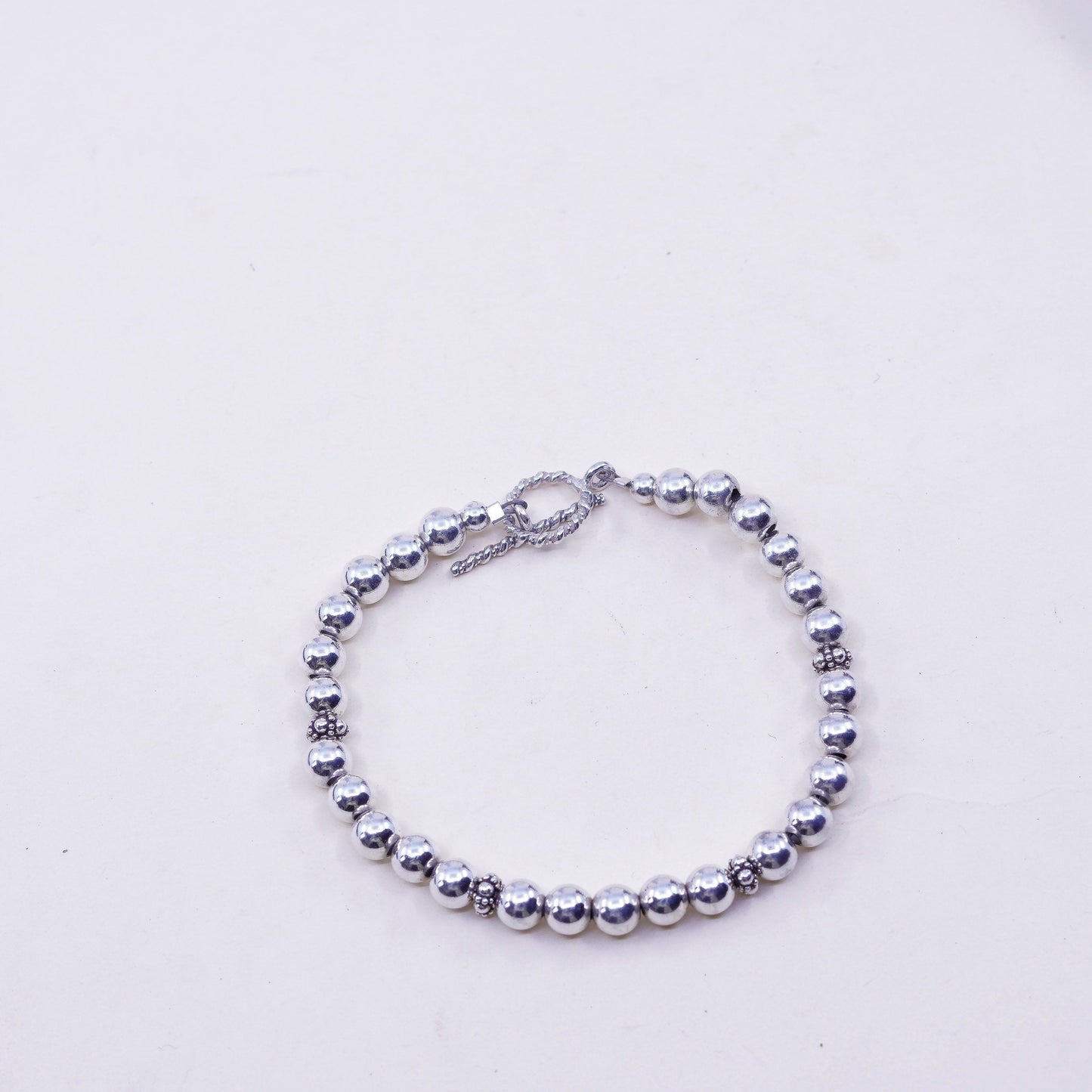 7”, 5mm, Vintage sterling silver bracelet, filigree 925 beads chain, jewelry