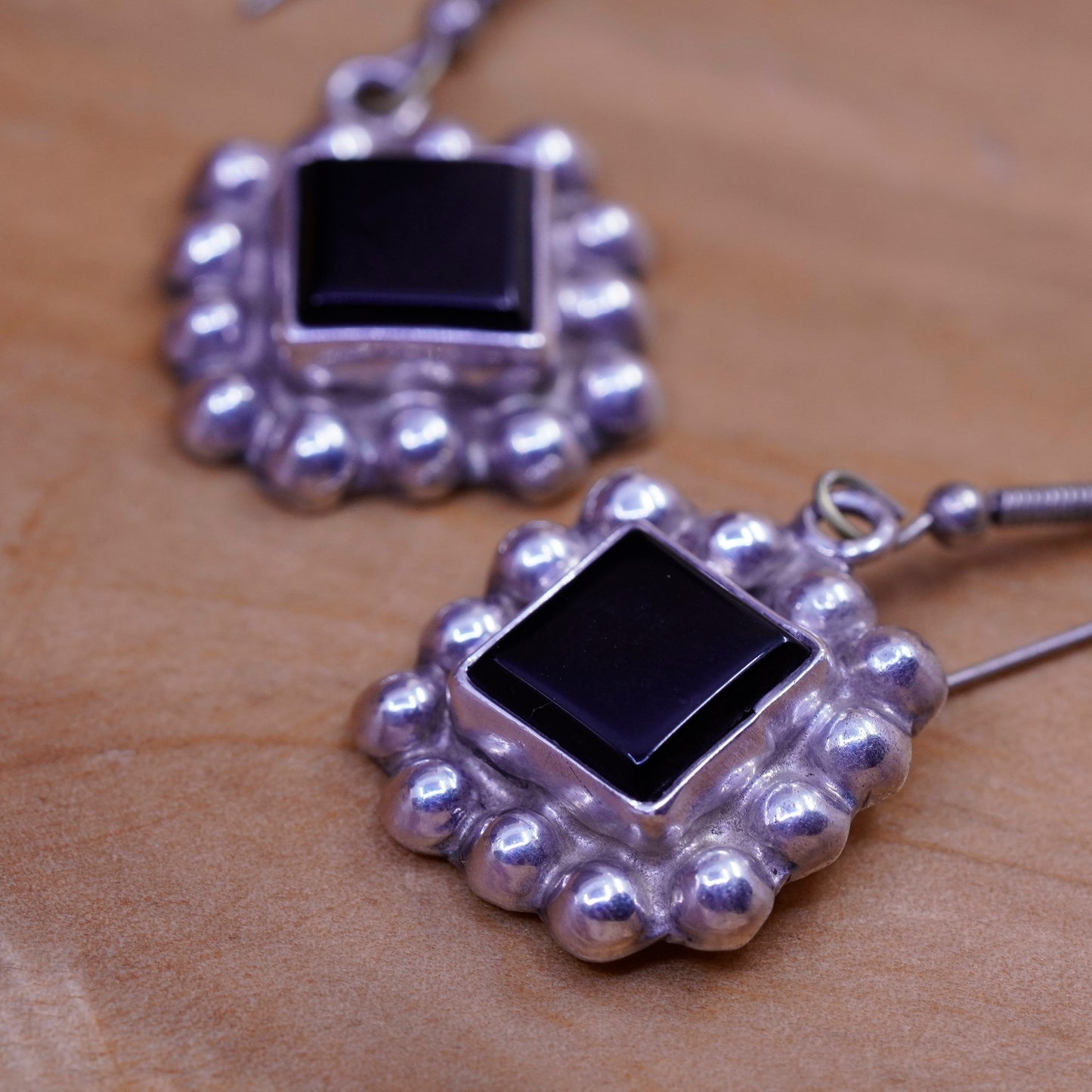 Vintage Sterling 925 silver handmade earrings with square obsidian and beads