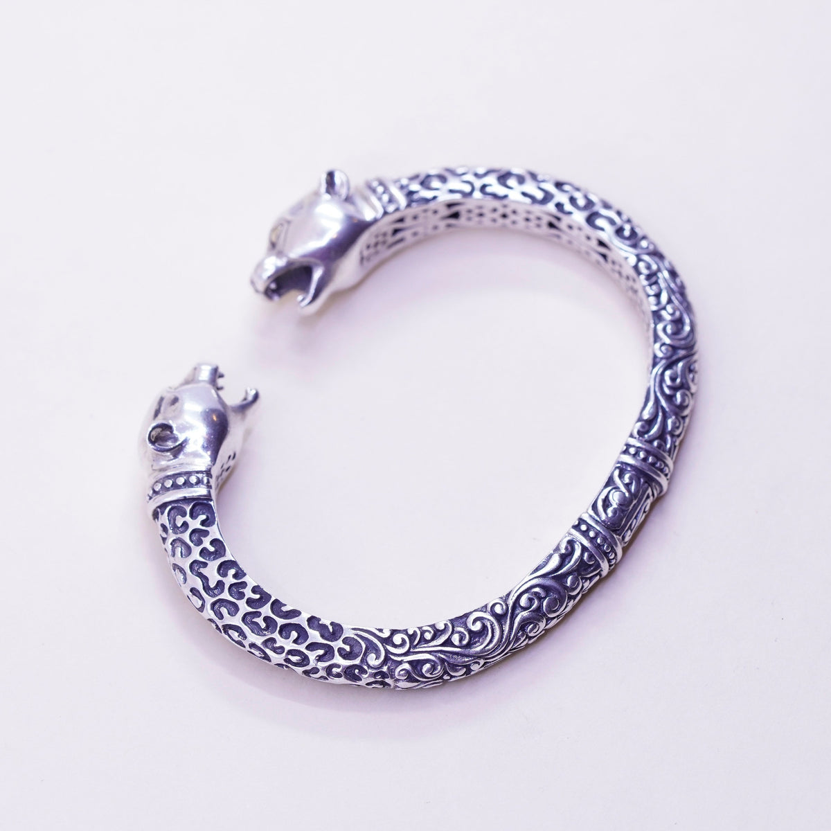 7”, designer 18K gold sterling silver Bali bracelet, 925 bangle leopard head